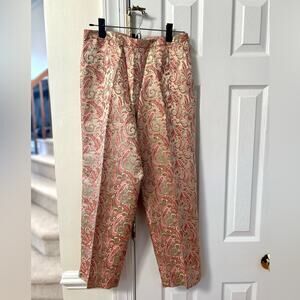 Vintage Via Seta Champagne Gold & Coral Pink Paisley Silk Ankle Pants